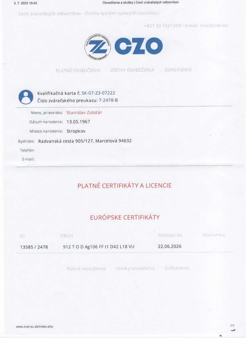Zváračský certifikát CZO